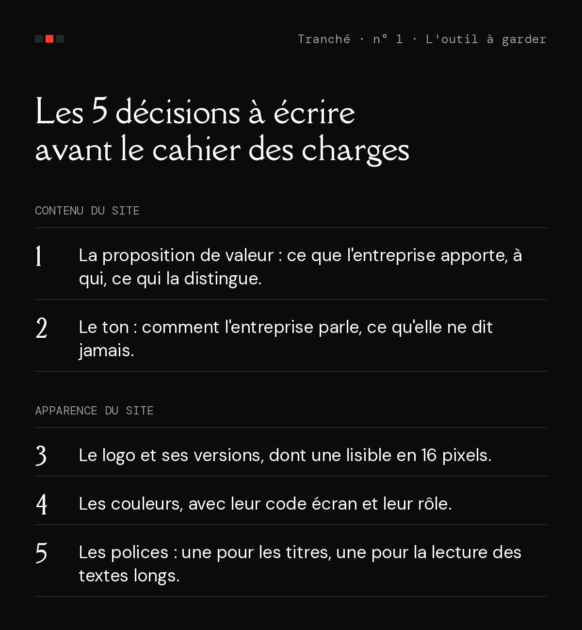 Les 5 décisions à écrire avant le cahier des charges, en fiche