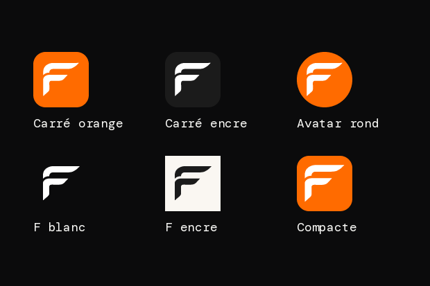 6 versions du logo de Flyius sur fond noir : carré orange, carré encre, avatar rond, F blanc, F encre sur papier, géométrie compacte.