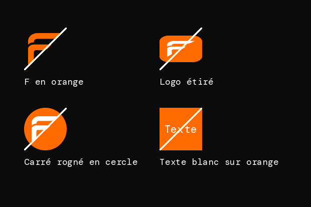 4 usages interdits du logo de Flyius, barrés : le F en orange, le logo étiré, le carré rogné en cercle, le texte blanc sur orange.