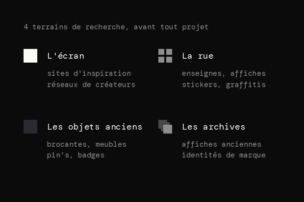 Schéma des 4 terrains de recherche d'un studio : l'écran, la rue, les objets anciens et les archives.