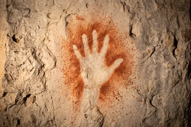 Une main ouverte en pierre nue, entourée d'un halo d'ocre rouge soufflé sur une paroi de grotte calcaire.