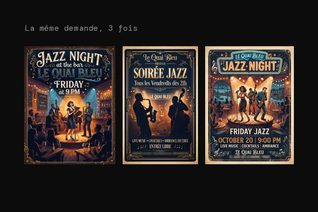3 flyers générés par la même demande pour une soirée jazz : même bleu nuit et or, même saxophone et même contrebasse, même scène sous les projecteurs.