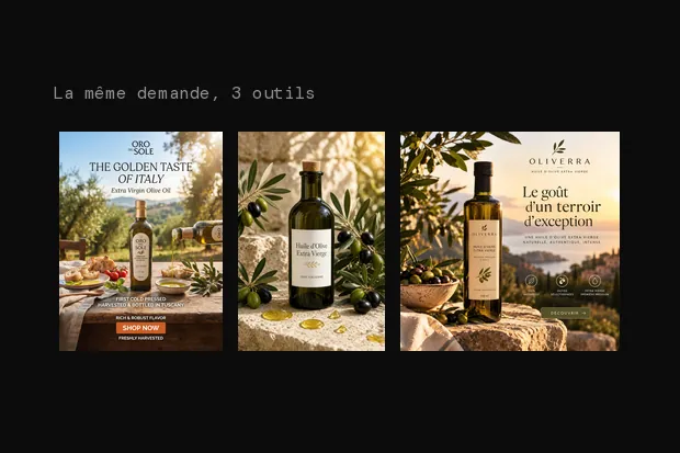 3 publicités générées pour une huile d'olive par la même demande dans 3 outils : à chaque fois une bouteille verte au soleil, une étiquette crème, des olives et des branches d'olivier.